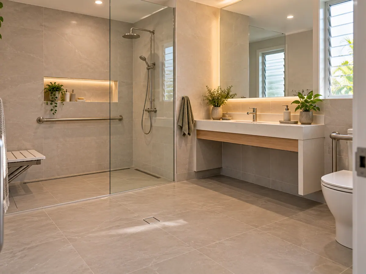 Illustrative layout: step-free shower, reinforced walls, lever tapware and non-slip floor tiles.