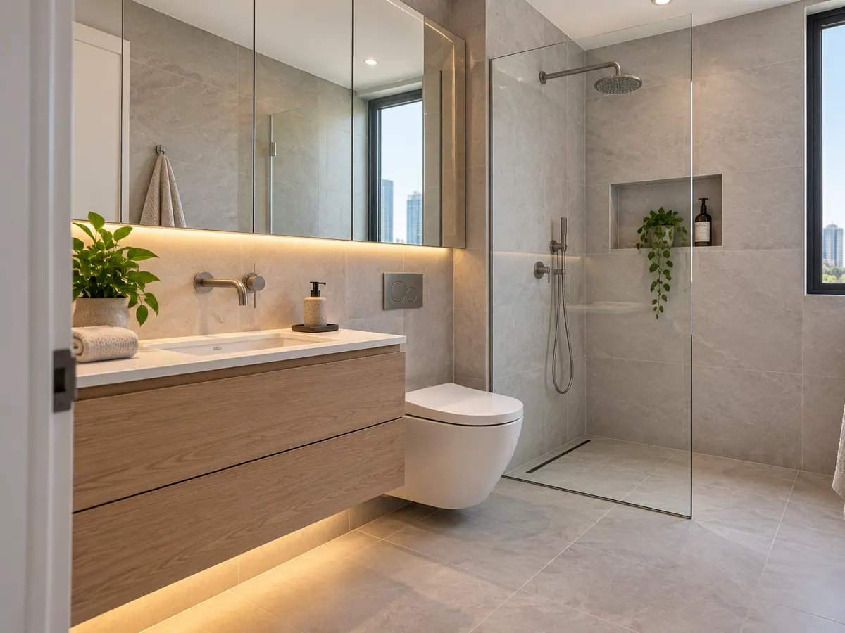 Illustrative layout: compact wall-hung suite, mechanical ventilation and a framed pivot screen.