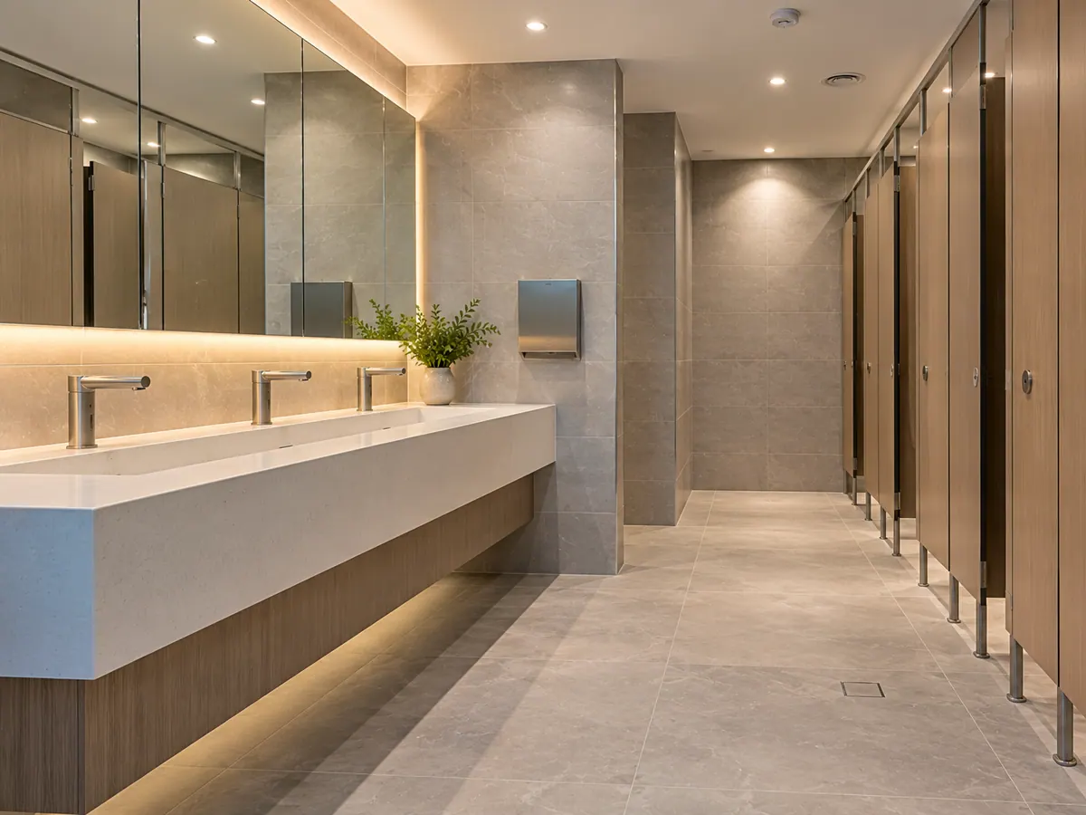 Commercial bathroom with durable tiling, touch-free tapware and accessible cubicle