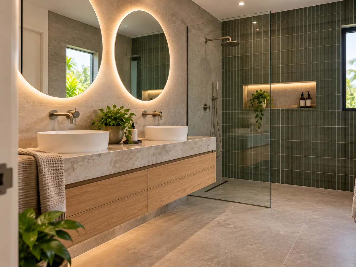 Ensuite renovation with double basin vanity, large mirror and walk-in shower