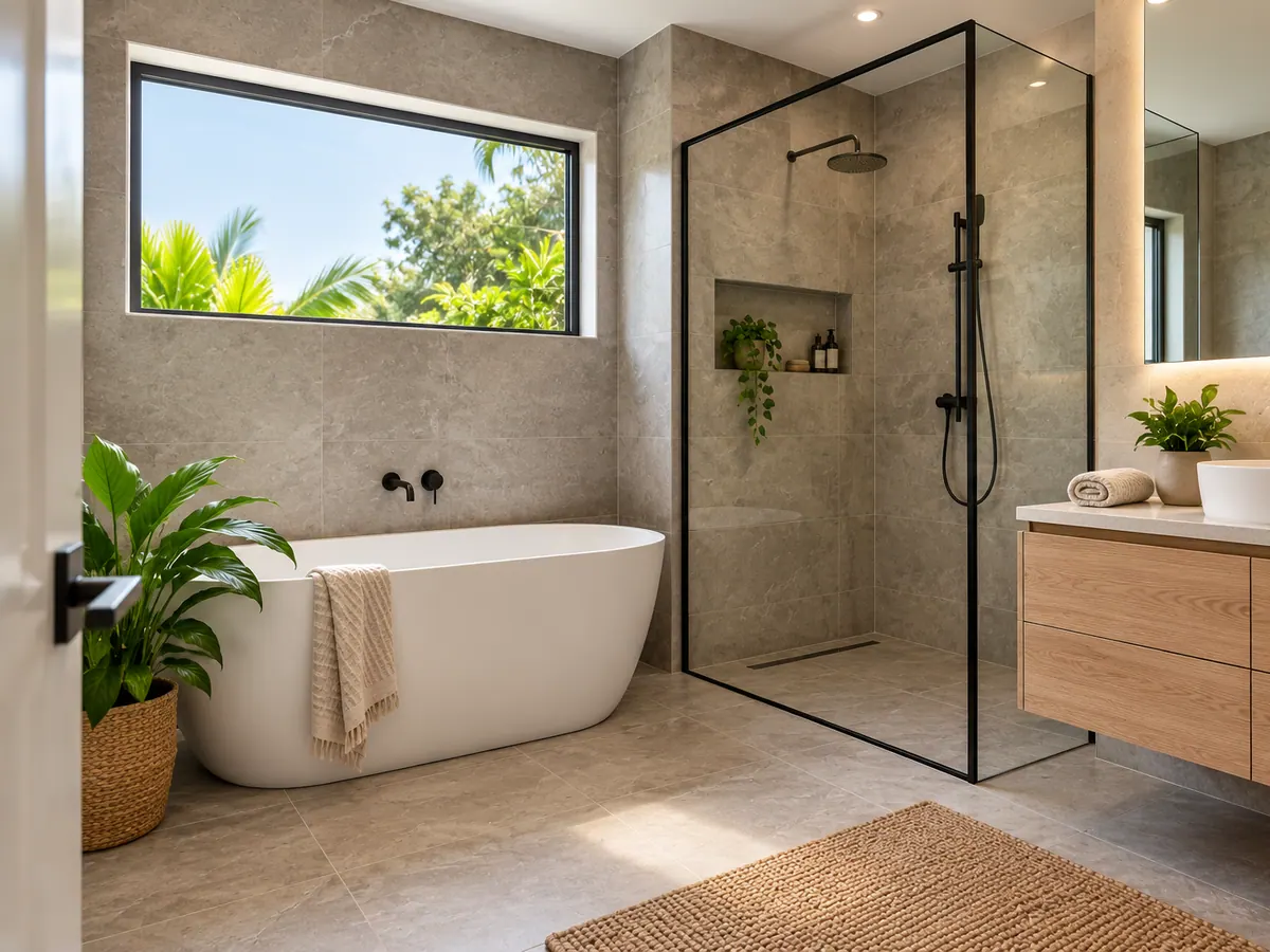 Full bathroom renovation with walk-in shower, freestanding bath and large-format tiles