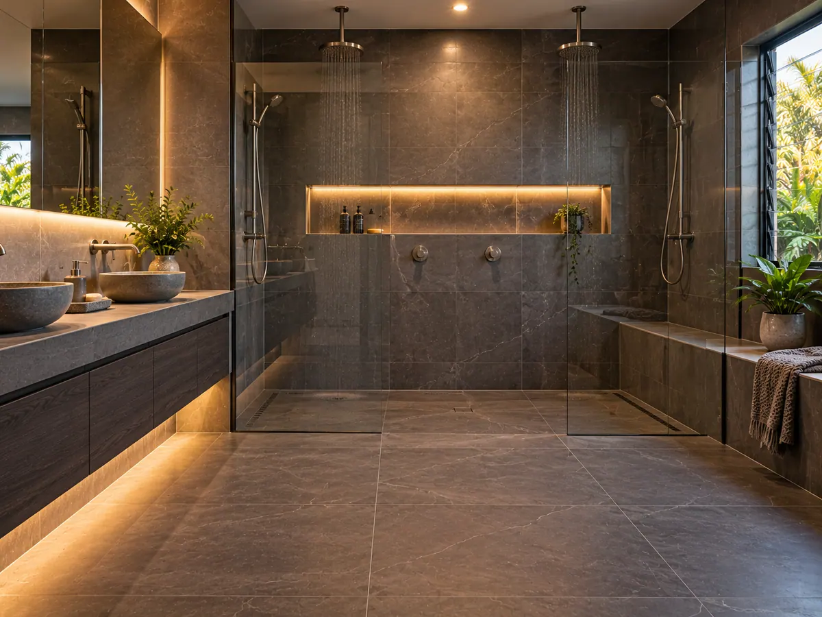 Illustrative layout: frameless screen, recessed niche and a floating vanity to keep the floor clear.
