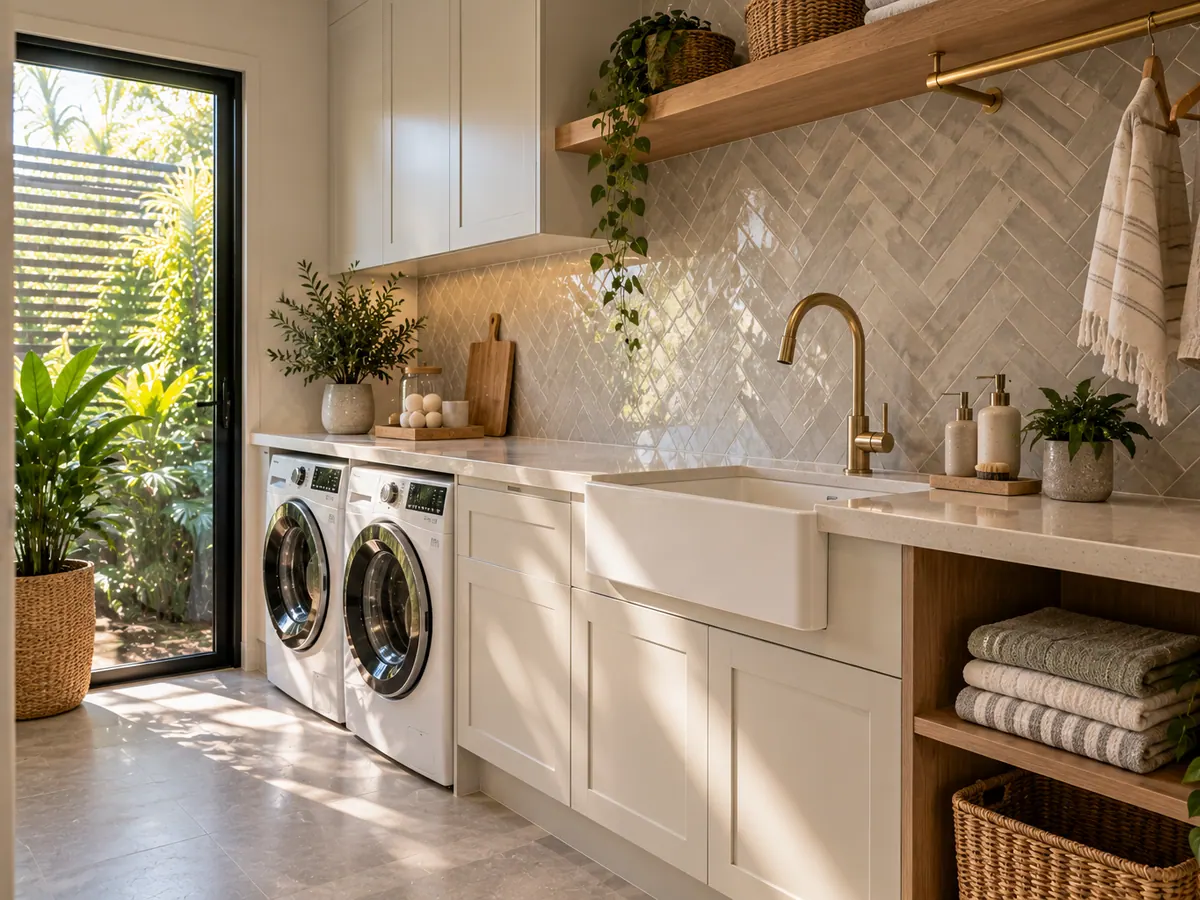 Illustrative layout: handleless joinery, stone bench, integrated appliances and task lighting.