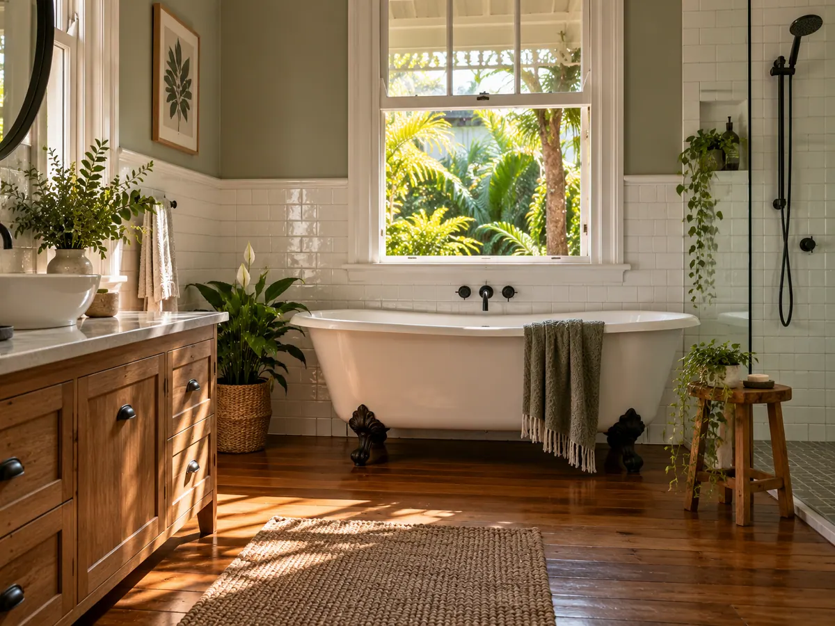 Illustrative layout: level entry, grab rails, fold-down seat and a hand-held shower on a slider.