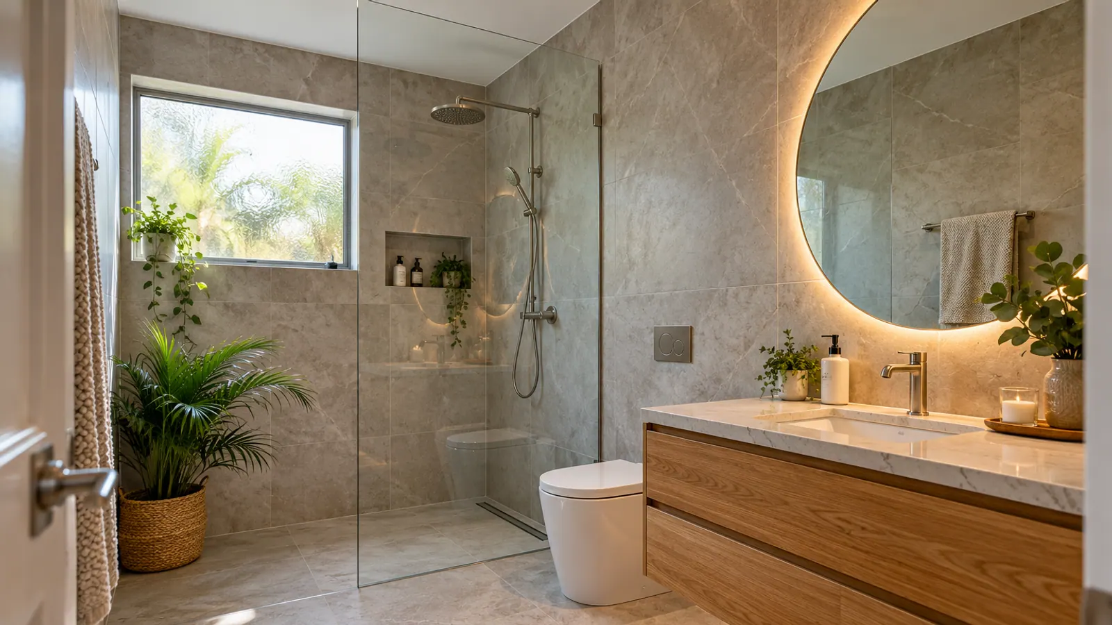 Contemporary Brisbane bathroom renovation with large-format tiling, walk-in shower and timber vanity