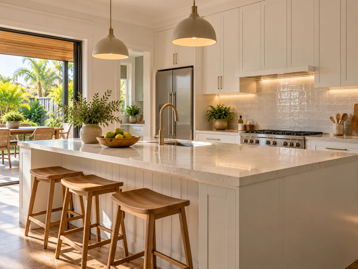 Modern kitchen with island bench, stone benchtop and tiled splashback