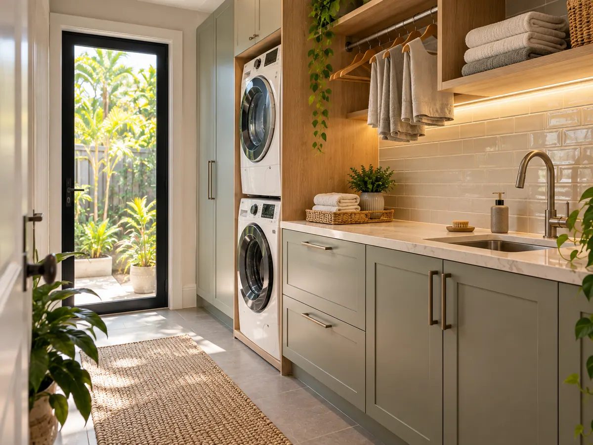 Laundry renovation with built-in cabinetry, stone bench and subway tiles