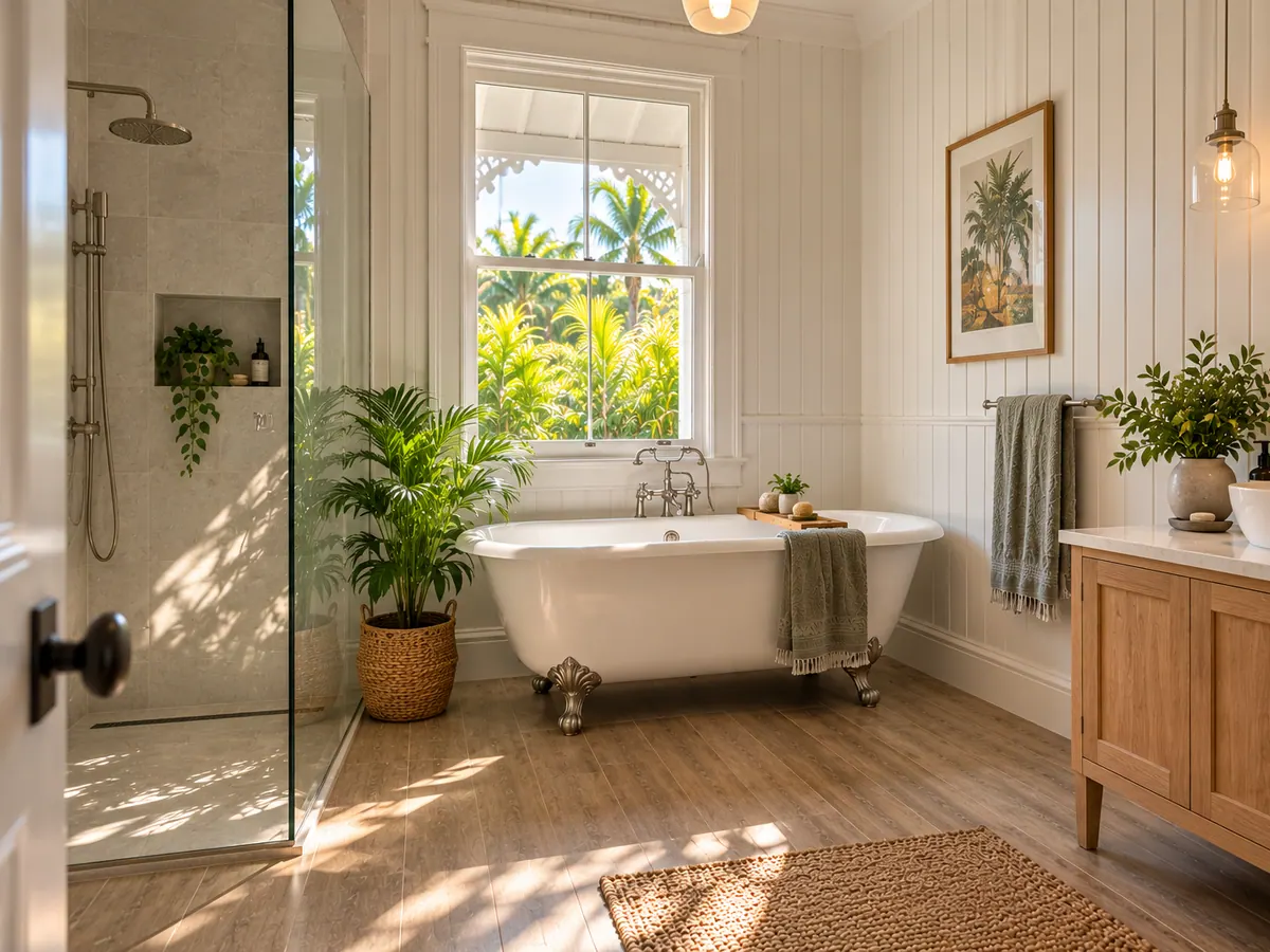 Queenslander bathroom with VJ walls, timber vanity and classic tapware
