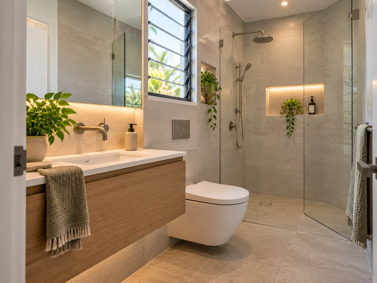 Compact bathroom with wall-hung vanity, walk-in shower and light tiles