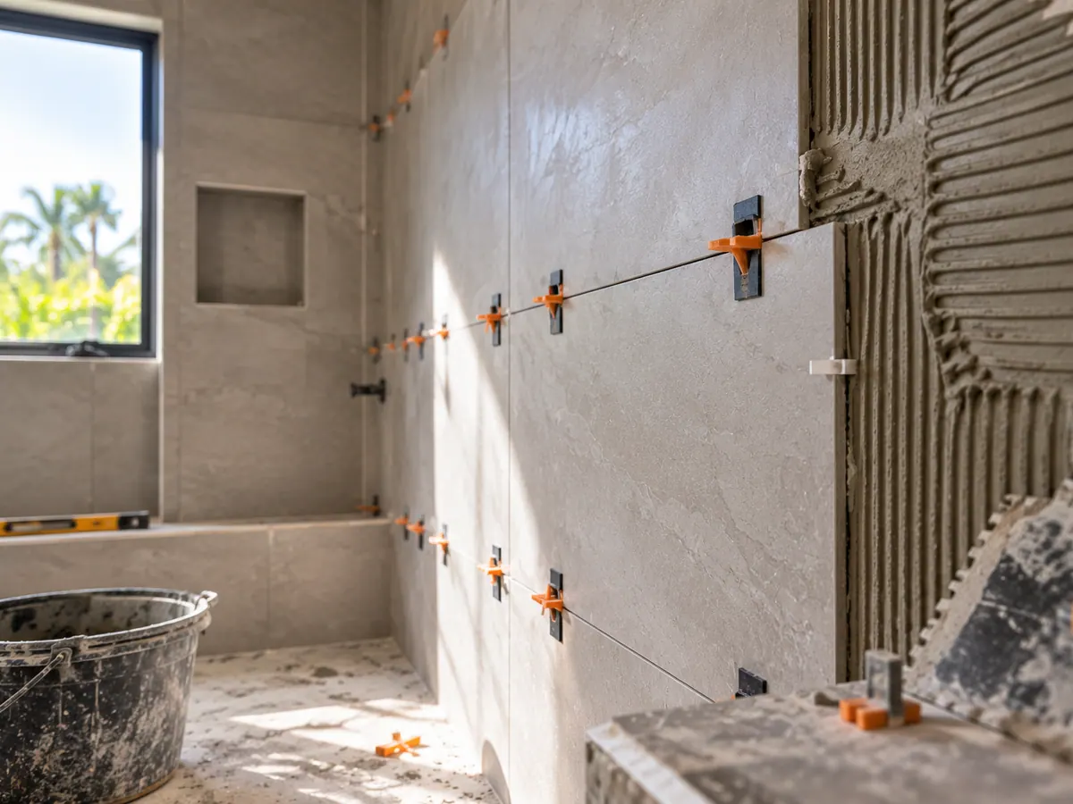 Tiler setting out large-format bathroom tiles with levelling clips