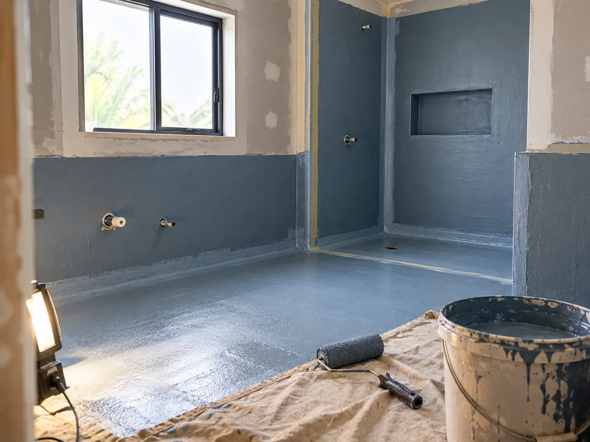 Waterproofing membrane being applied to a bathroom floor and wall junction